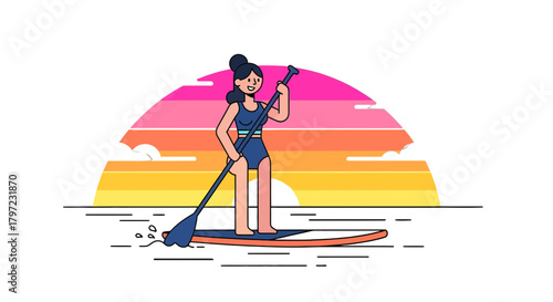 Woman Paddling Board At Sunset, Coastal Adventure Illustration, Black Background Design