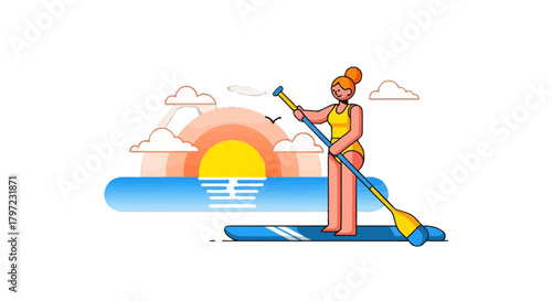 Woman Paddling on Sunset, Paddleboarding Across the Water with Paddle and Sunlight.