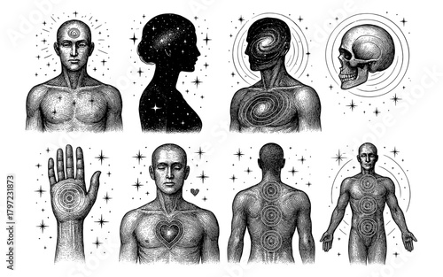 Cosmic human anatomy: surreal celestial designs with stars and galaxies