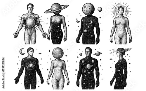 Celestial human forms with planetary heads in detailed cosmic style