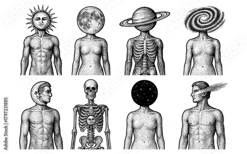 Surreal cosmic human figures with celestial and anatomical heads in line art style