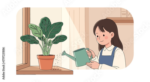 Woman Watering Plants In Cute Home Interior, Caring for Houseplants, Gardening Hobby