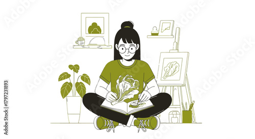 Woman Painting a Lettuce Artistic Illustration with an Easel and Plant on Black Background
