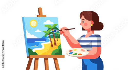 Woman Painting Coastal Scene With Palm Trees On Canvas During Sunshine Day