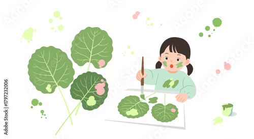 Young Artist Joyfully Painting Botanical Illustrations with Verdant Hues on Black Canvas