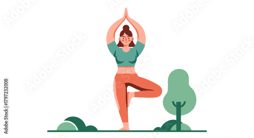 Yoga Woman Balancing in Tree Pose with Artistic Flat Vector Illustration
