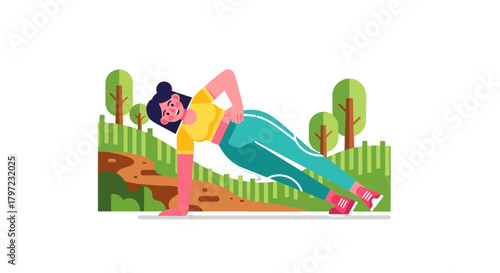Woman Performing Side Plank Exercise Outdoors on a Sunny Day, Fitness and Wellness