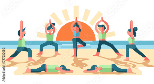 Yoga Practice on Beach at Sunrise Promoting Calmness, Wellbeing, and Self-Awareness