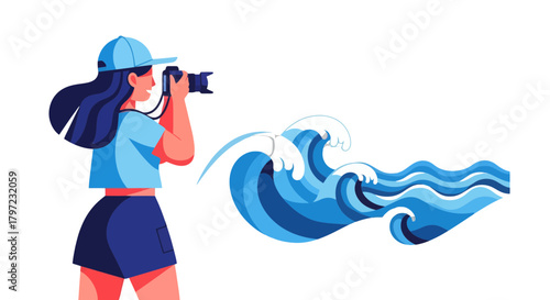 Woman Photography At The Seaside Capturing Ocean Waves With Professional Camera