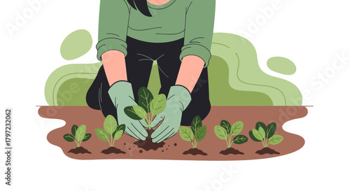 Woman Planting Seedlings in Garden, Preparing Soil for Organic Growth and Cultivation