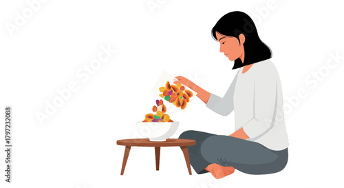 Woman Pours Cereal Into Bowl Concept Illustration Against Black Background