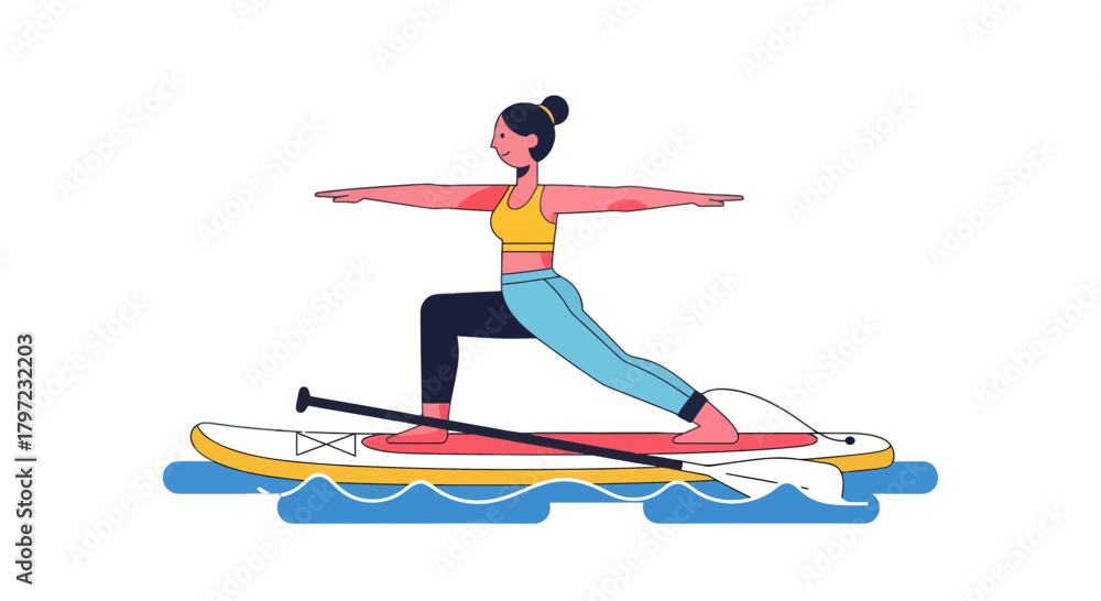 Fototapeta premium Woman Practicing Yoga On A Paddleboard Recreationally Against A Black Background