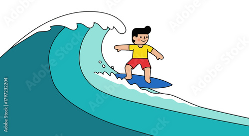 Young Surfer Riding a Tsunami Wave Illustration Against a Black Background