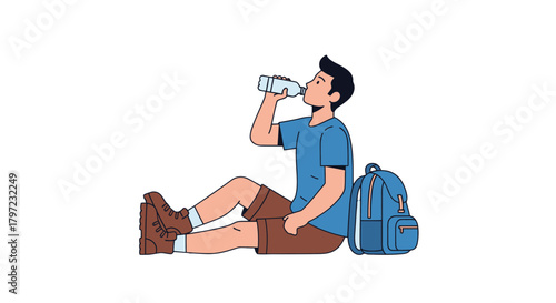 Young Traveler Refreshing After Trek In Nature With Backpack And Refreshment