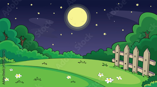 Night landscape with moon, trees, and fence