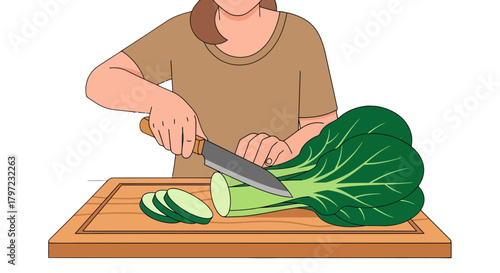Woman Prepares Fresh Green Vegetables On Cutting Board For Delicious Meal