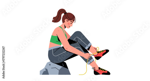Woman Prepares For Exercise and Athletics Tying Her Athletic Running Shoes Ready-To-Go