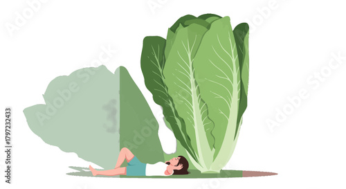 Woman Relaxing Beside Enormous Lettuce Leaf Symbolizing Nature's Calm Embrace