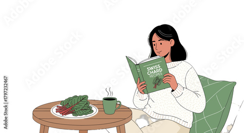Woman Reading Swiss Chard Cookbook and Enjoying a Cup Alongside Fresh Ingredients