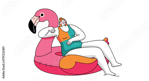 Woman Relaxing On A Flamingo Float, Isolated Against A Black Backdrop