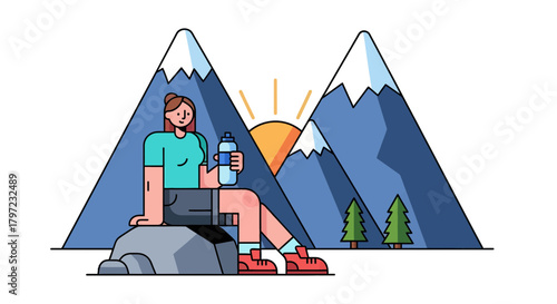 Woman Resting With Water Bottle After Hiking With Mountain Scenery Illustration