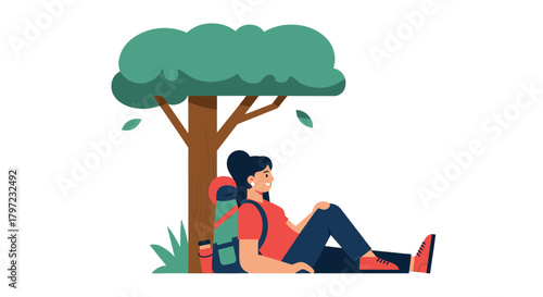 Woman Relaxing Under a Tree After Enjoying Hiking Adventure in Nature's Beauty Scenario
