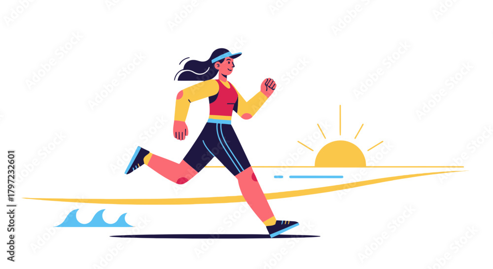 Fototapeta premium Woman Running Silhouetted Against Sunset Embraces Freedom in Coastal Running Animation