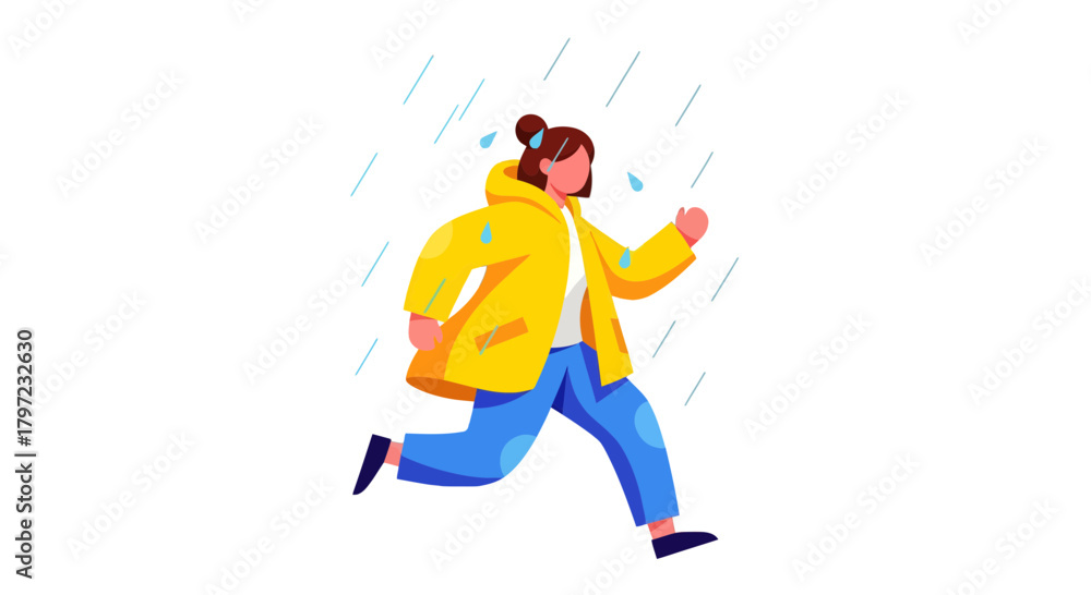 Obraz premium Woman Running Through Rain In Yellow Coat On Black Background Illustration