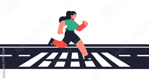 Woman Runs Across the Crosswalk, Energetic Illustration On Black Background