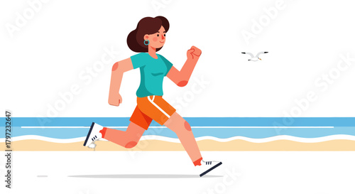 Woman Runs Along Seashore Beach Near The Seagull During Sunset Afternoon Time