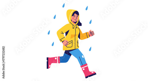 Woman Runs Energetically in a Yellow Raincoat Through A Downpour During A Rainy Day