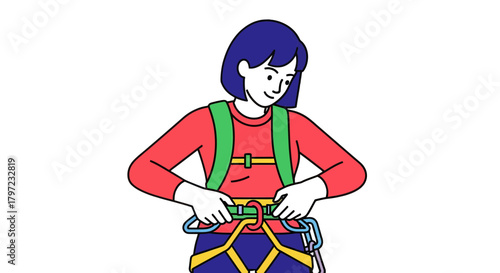 Woman Securing Climbing Harness in a Vibrant Animated Illustration Against a Solid Black Background