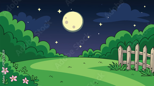 Night scene with moon, clouds, grass and fence