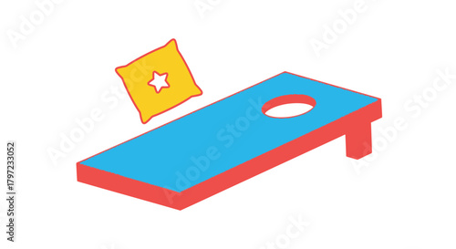 A brightly colored cornhole board with a yellow bean bag in flight