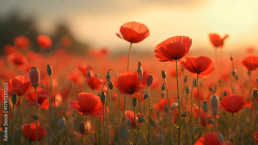 Obraz premium Ultra realistic fields of poppies. Stunning poppy landscape photography. Vibrant red poppy flower fields. Scenic poppy fields in bloom.