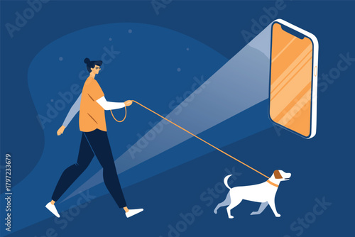 Digital leash tethering individual to smartphone, symbolizing modern connectivity, dependency, and virtual presence. flat vector illustration.