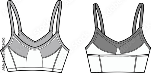 PrintModern women sports bra front and back technical flat sketch, lingerie fashion design template, seamless activewear clothing vector illustration, adjustable straps
