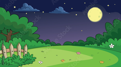 Night scene with moon, clouds, and grassy field