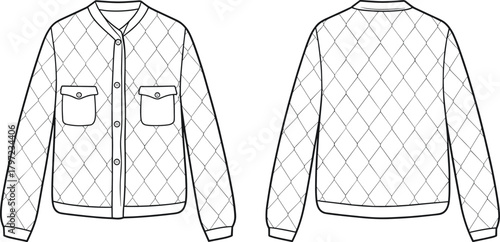 PrintQuilted jacket flat sketch front and back view, fashion technical drawing, apparel design template, outerwear illustration, clothing pattern, vector outline.