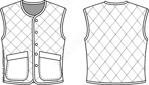 PrintQuilted sleeveless vest technical flat sketch, fashion design template, front and back view, apparel pattern illustration for clothing production
