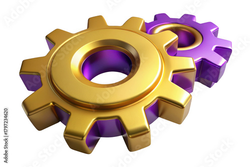 Golden and purple gears interlocked, 3d rendering, cogwheel mechanism, engineering concept, metallic texture, shiny, isolated on transparent background