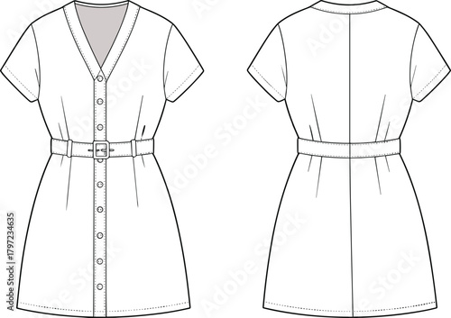 PrintStylish belted short sleeve dress flat sketch, button down outfit design, modern women clothing template, elegant fashion vector illustration, garment drawing
