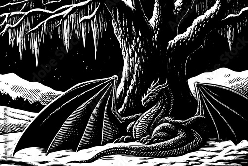huge dragon rests beneath an old tree covered in frost and snow, breathing warm mist into the frozen forest atmosphere