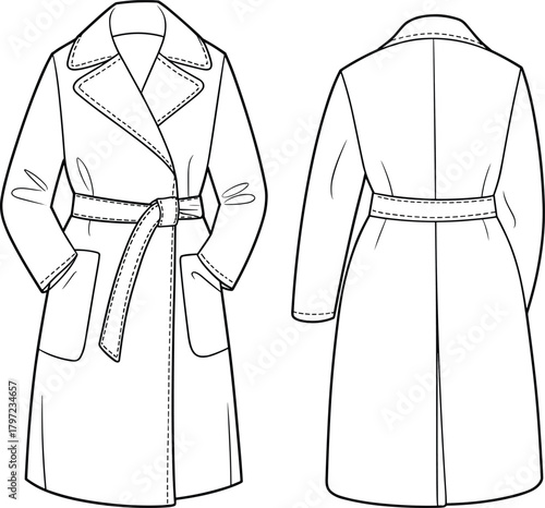 PrintStylish belted trench coat fashion flat sketch, women outerwear technical drawing, elegant coat design template, front and back detailed illustration.