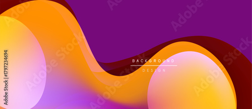Abstract fluid shapes, vibrant orange, purple gradients. Modern design, smooth curves create dynamic background. Minimalist aesthetic.
