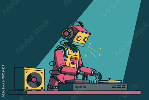 Futuristic dj robot spinning lo fi vinyl, street corner vibe, neon glow, urban night, retro futurism, digital art, atmospheric, moody, chillout.