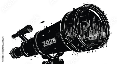 Telescope with futuristic city view and year looking towards the future in black and white drawing