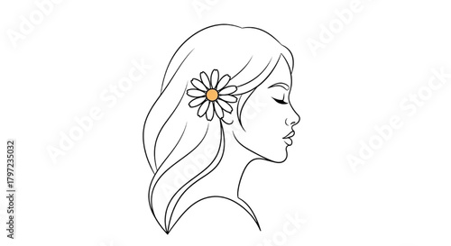 Minimalist line art woman's profile with daisy flower in hair. Simple black and white vector for natural beauty design.