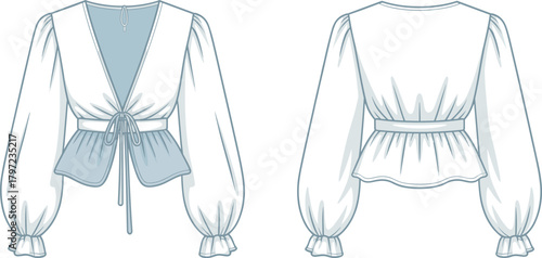 PrintStylish women peplum blouse fashion flat sketch, long puff sleeves, tie front top design, technical drawing, clothing template illustration.