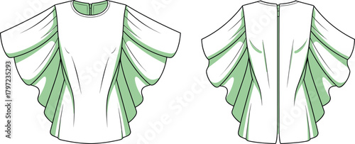 PrintStylish women’s blouse fashion flat sketch, elegant flutter sleeve top with green accent, technical drawing for sewing pattern and apparel design